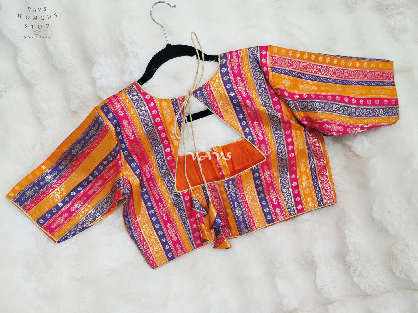 Royal Marigold Gold, Fuchsia Pink & Royal Violet Stripes Brocade Banarasi Designer Blouse