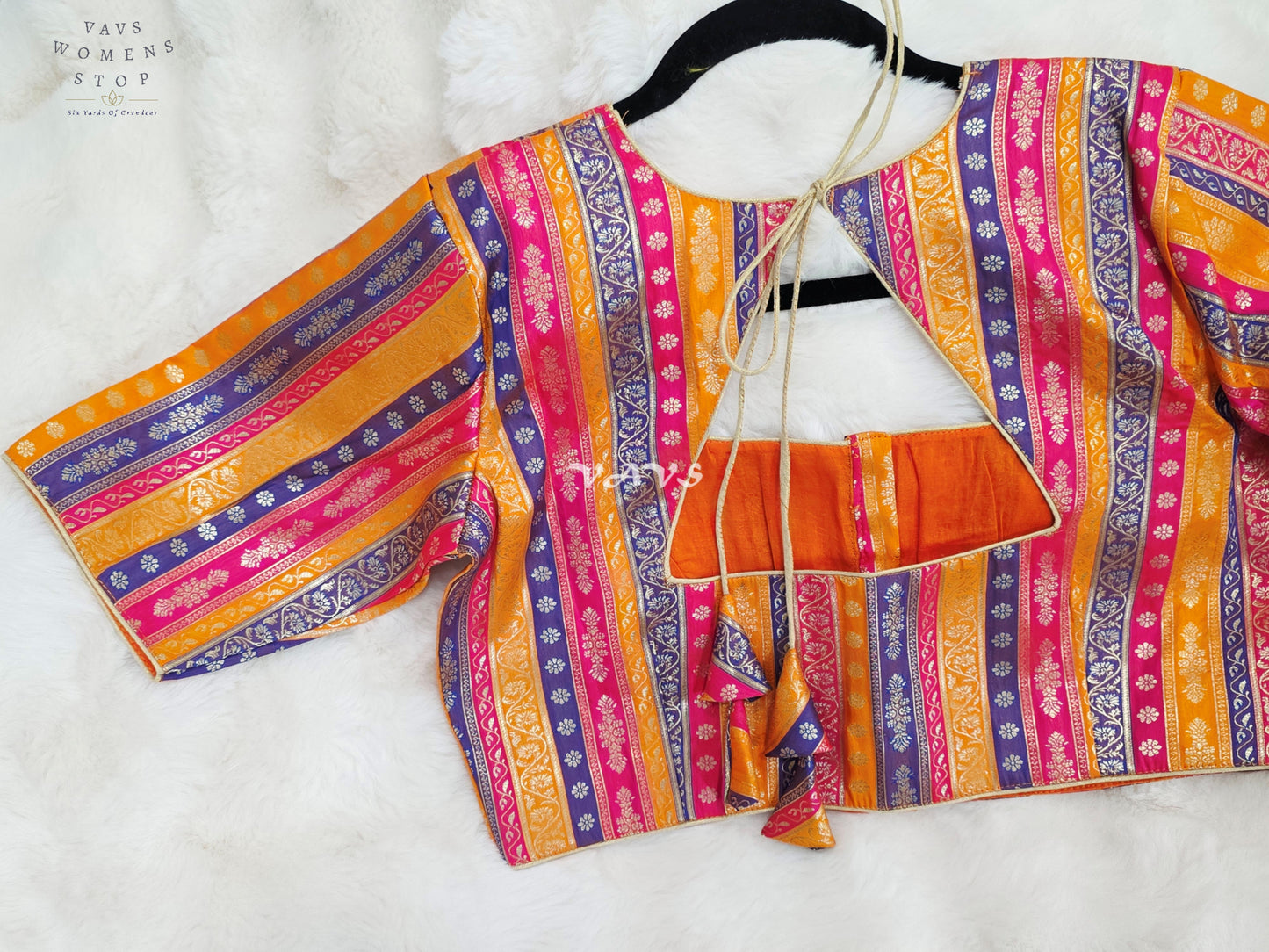 Royal Marigold Gold, Fuchsia Pink & Royal Violet Stripes Brocade Banarasi Designer Blouse