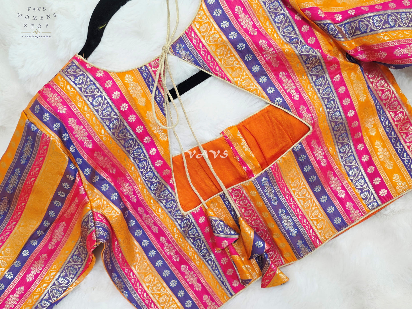 Royal Marigold Gold, Fuchsia Pink & Royal Violet Stripes Brocade Banarasi Designer Blouse