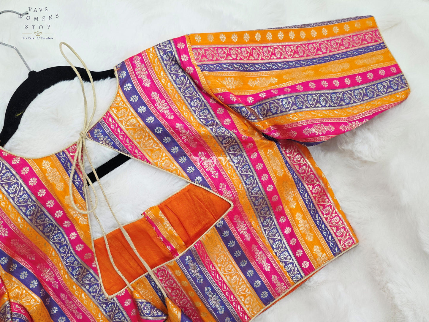 Royal Marigold Gold, Fuchsia Pink & Royal Violet Stripes Brocade Banarasi Designer Blouse