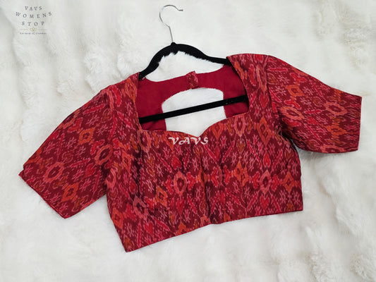 Royal Garnet Red & Burnished Coral Pure Sico Pochampally Ikat Designer Blouse