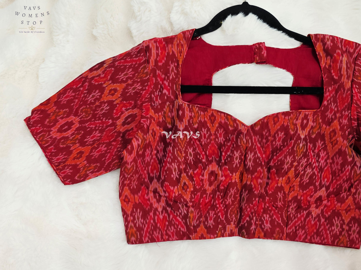 Royal Garnet Red & Burnished Coral Pure Sico Pochampally Ikat Designer Blouse