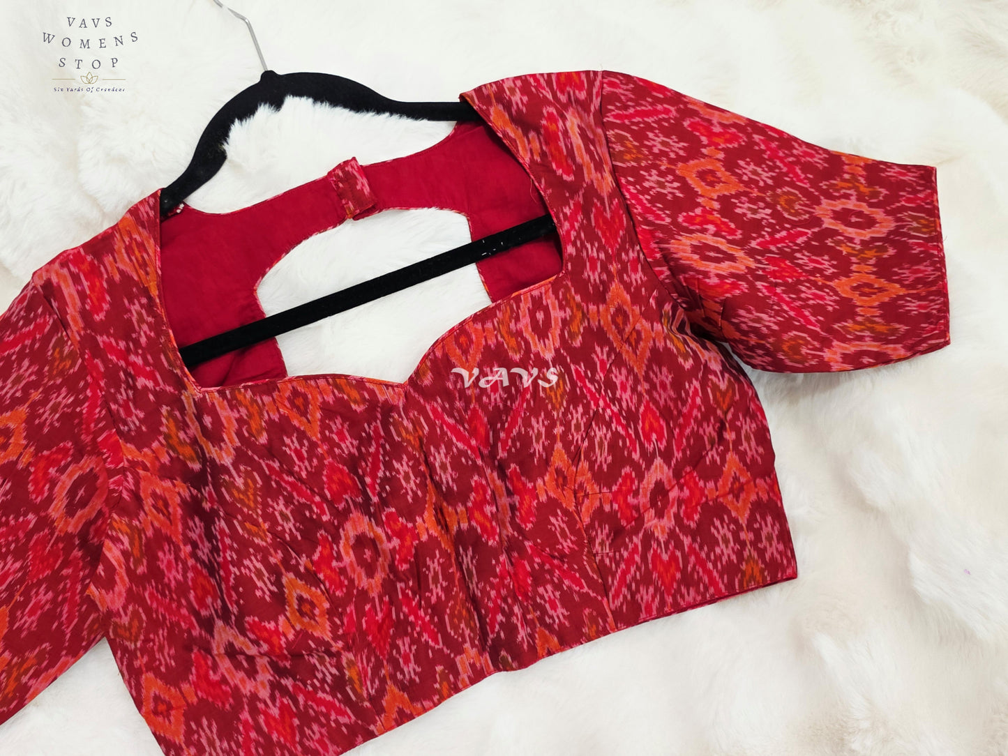 Royal Garnet Red & Burnished Coral Pure Sico Pochampally Ikat Designer Blouse