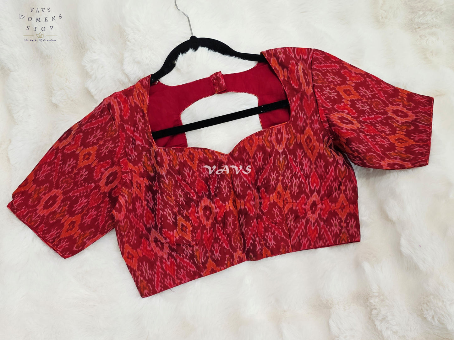 Royal Garnet Red & Burnished Coral Pure Sico Pochampally Ikat Designer Blouse