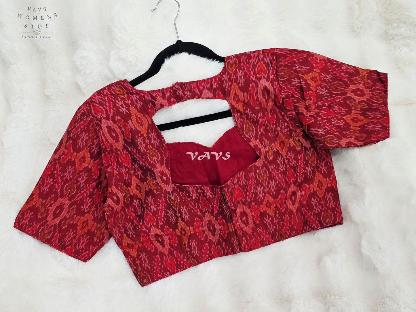 Royal Garnet Red & Burnished Coral Pure Sico Pochampally Ikat Designer Blouse