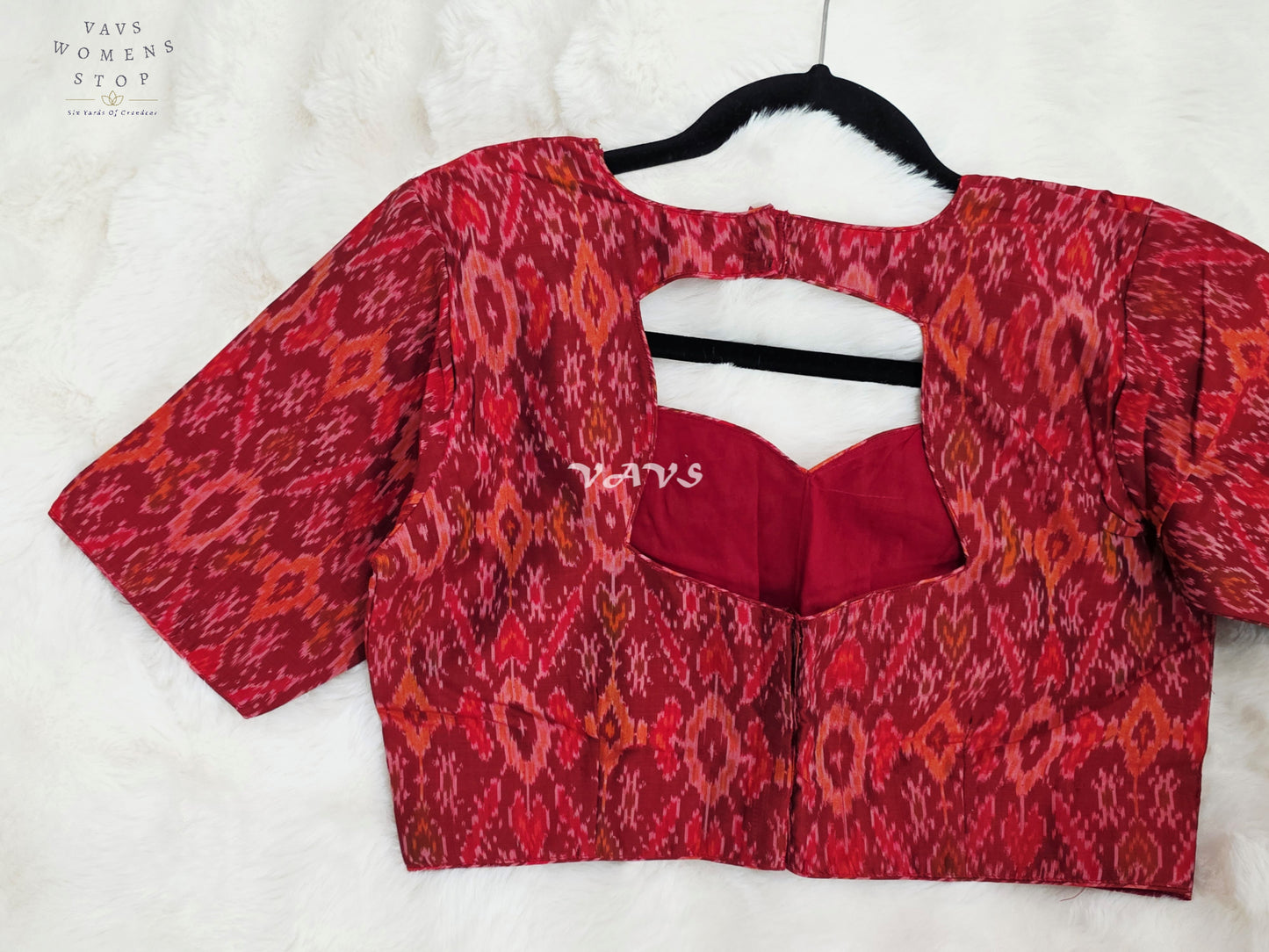 Royal Garnet Red & Burnished Coral Pure Sico Pochampally Ikat Designer Blouse