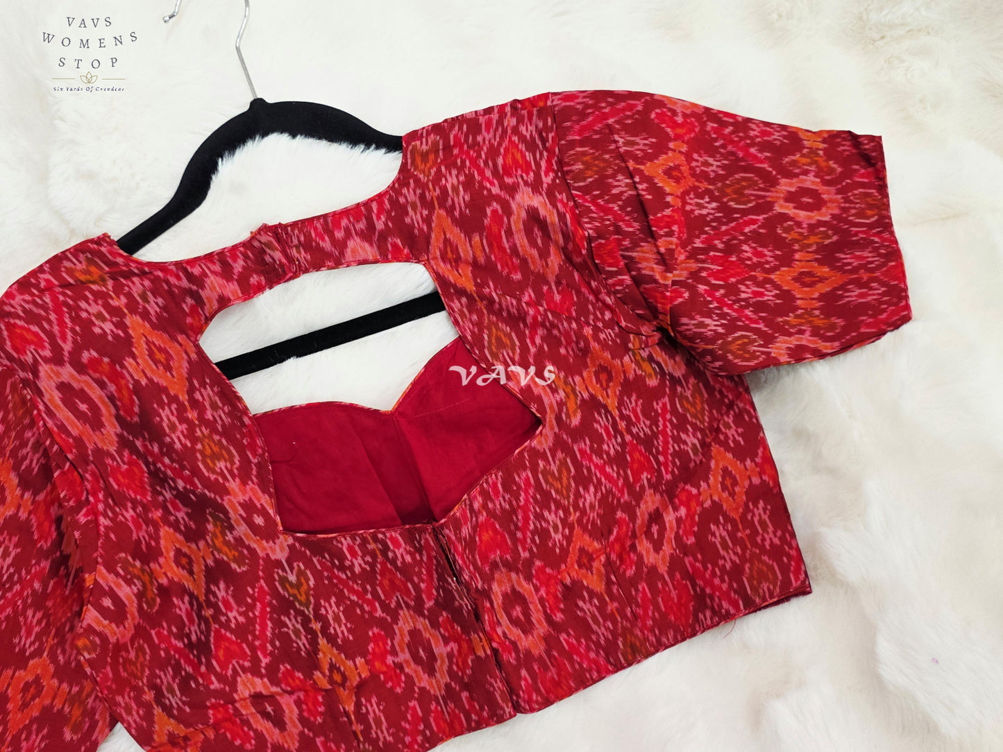 Royal Garnet Red & Burnished Coral Pure Sico Pochampally Ikat Designer Blouse