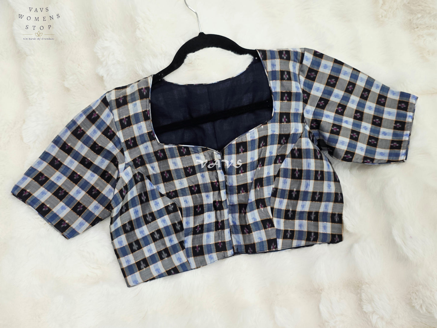 Royal Black, Sapphire Blue & Slate Grey Pure Sico Pochampally Ikat Checks Designer Blouse