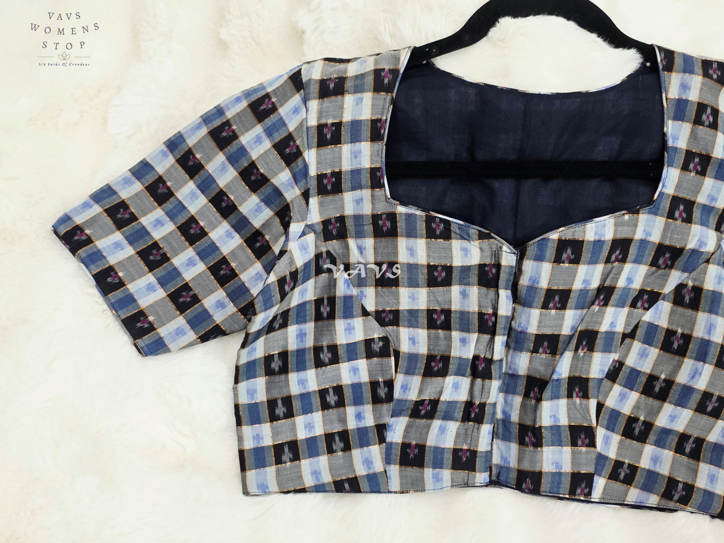 Royal Black, Sapphire Blue & Slate Grey Pure Sico Pochampally Ikat Checks Designer Blouse