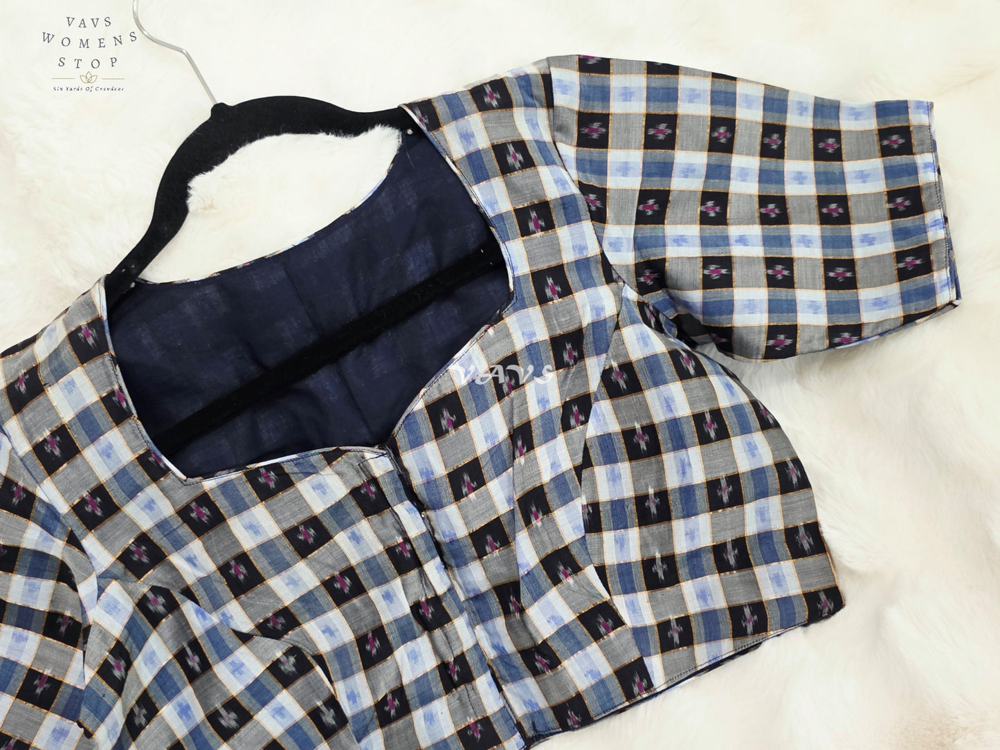 Royal Black, Sapphire Blue & Slate Grey Pure Sico Pochampally Ikat Checks Designer Blouse