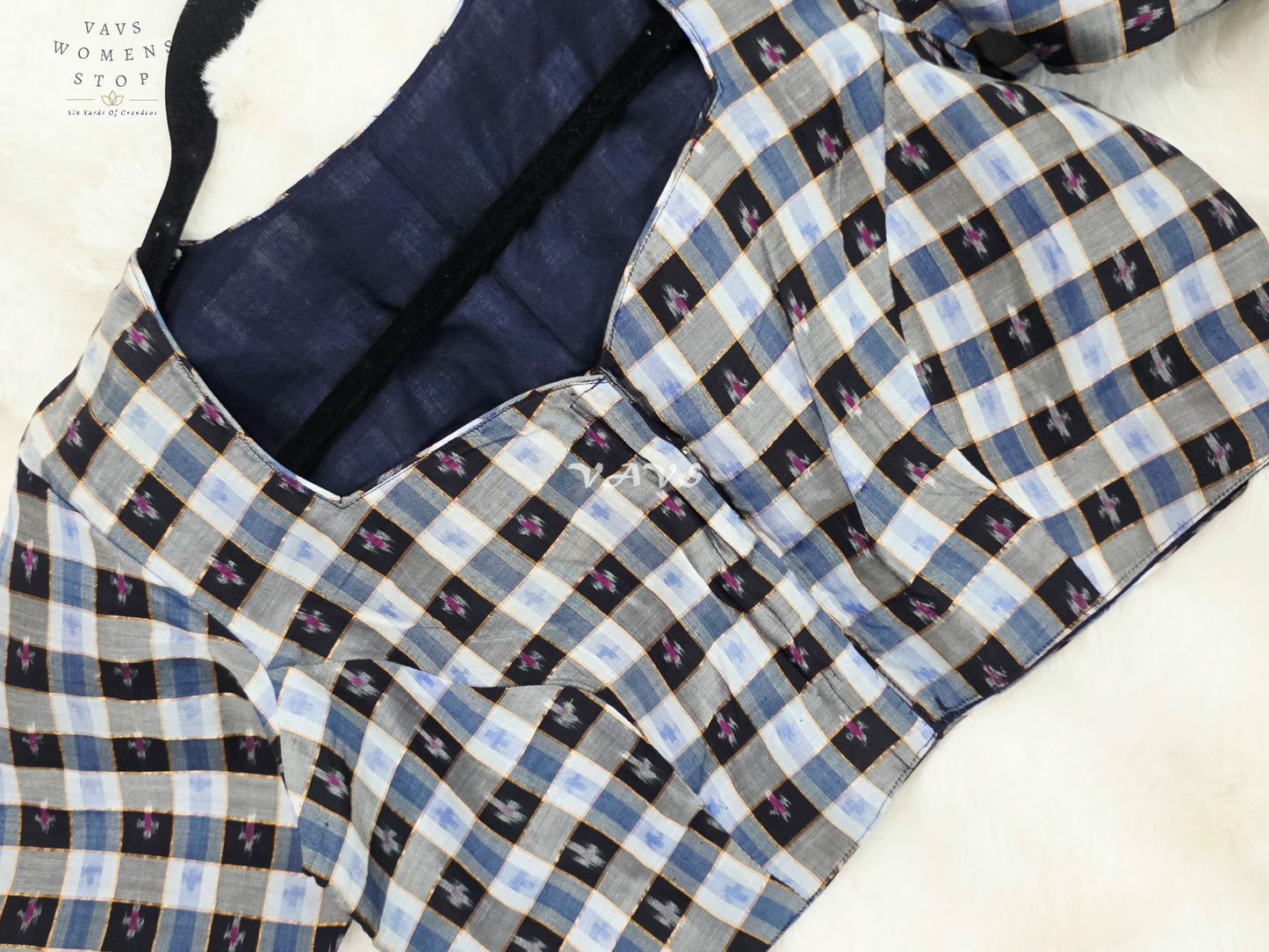 Royal Black, Sapphire Blue & Slate Grey Pure Sico Pochampally Ikat Checks Designer Blouse