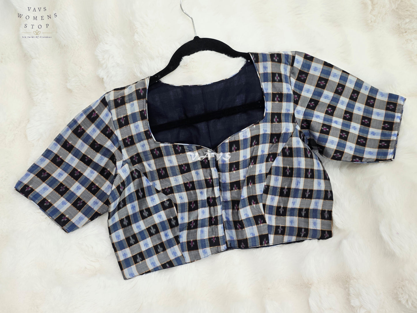 Royal Black, Sapphire Blue & Slate Grey Pure Sico Pochampally Ikat Checks Designer Blouse