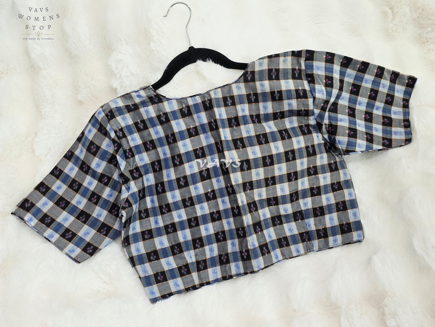 Royal Black, Sapphire Blue & Slate Grey Pure Sico Pochampally Ikat Checks Designer Blouse