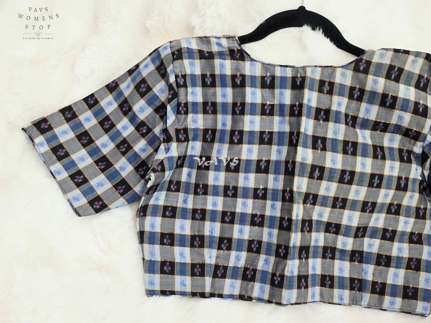 Royal Black, Sapphire Blue & Slate Grey Pure Sico Pochampally Ikat Checks Designer Blouse