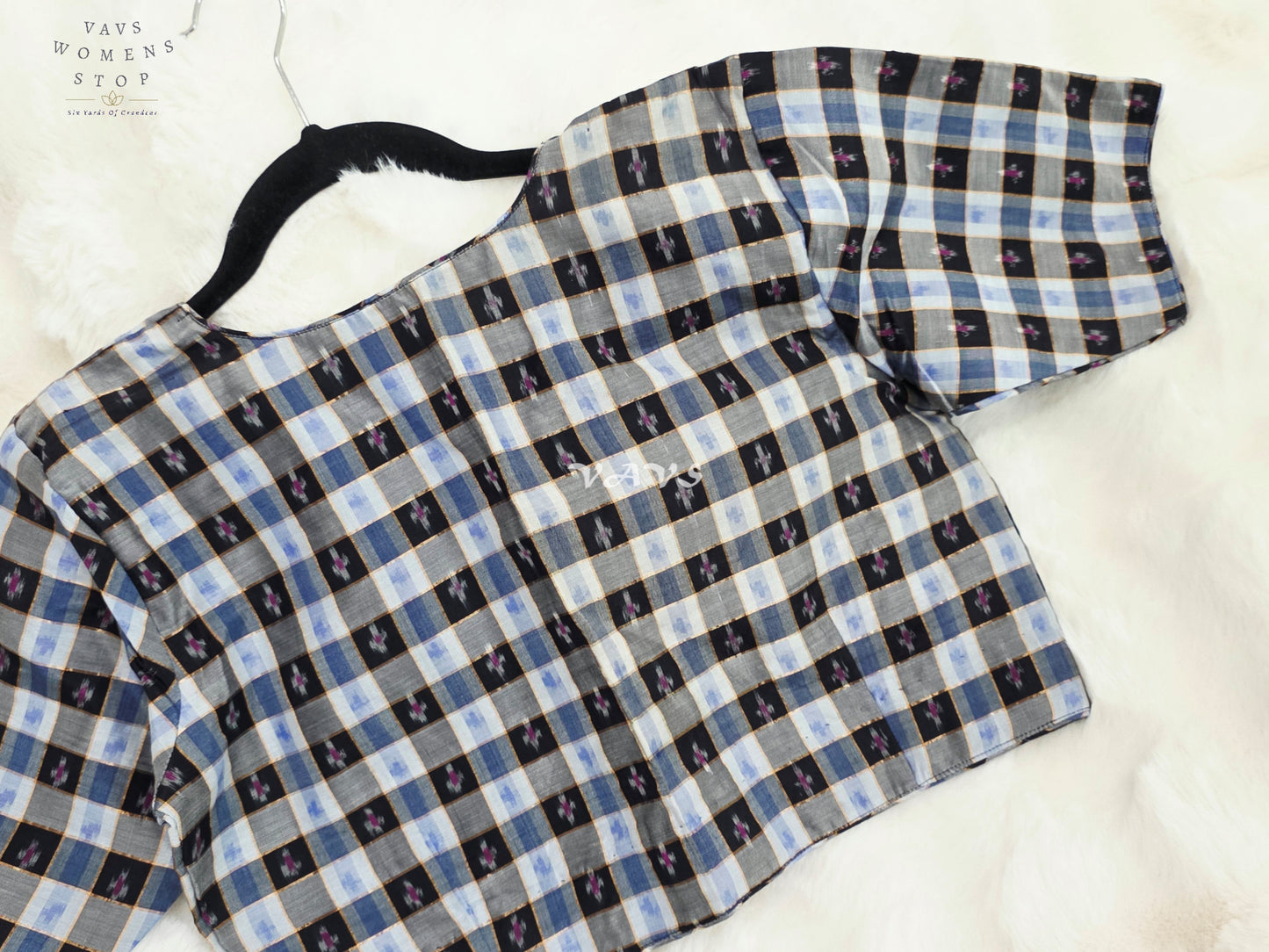 Royal Black, Sapphire Blue & Slate Grey Pure Sico Pochampally Ikat Checks Designer Blouse