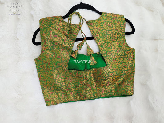Royal Emerald Green Benarasi Brocade Designer Blouse with Antique Gold Floral Paisley Weave