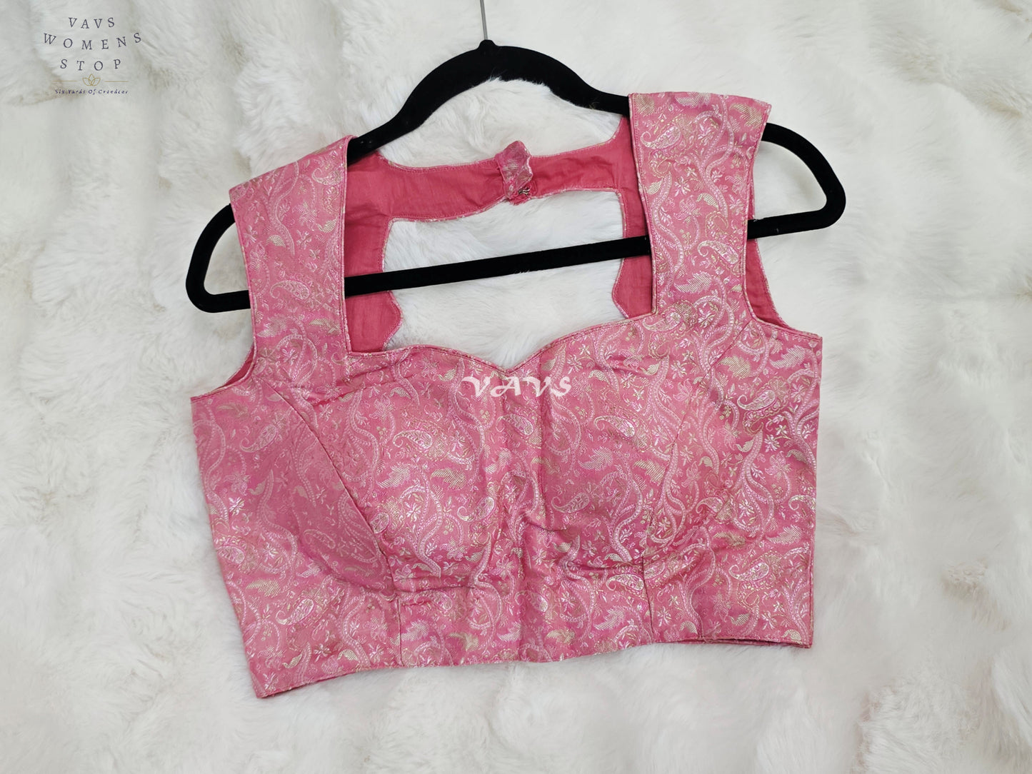 Royal Cherry Blossom Pink Benarasi Brocade Designer Blouse with Silver Paisley Weave