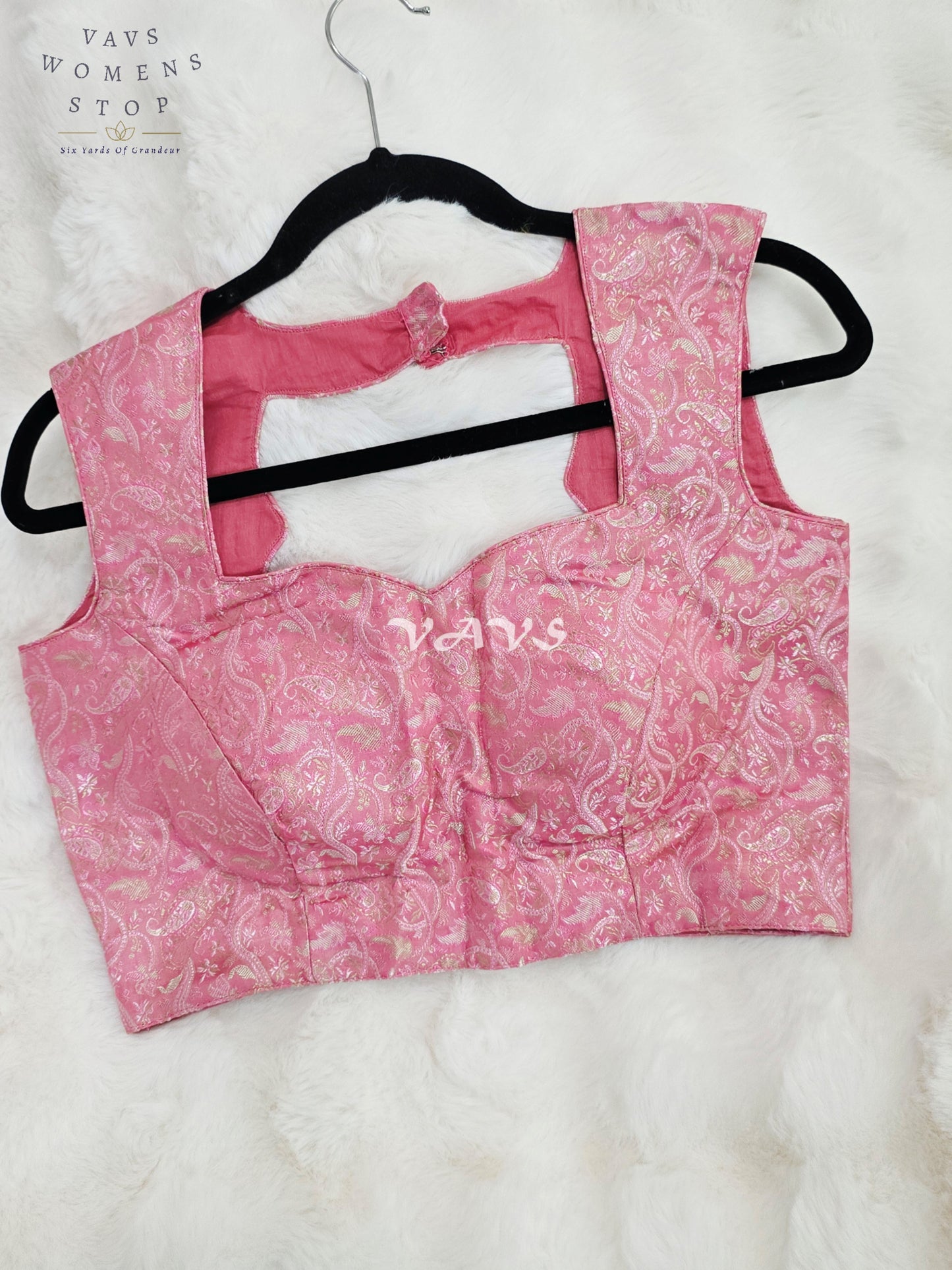 Royal Cherry Blossom Pink Benarasi Brocade Designer Blouse with Silver Paisley Weave