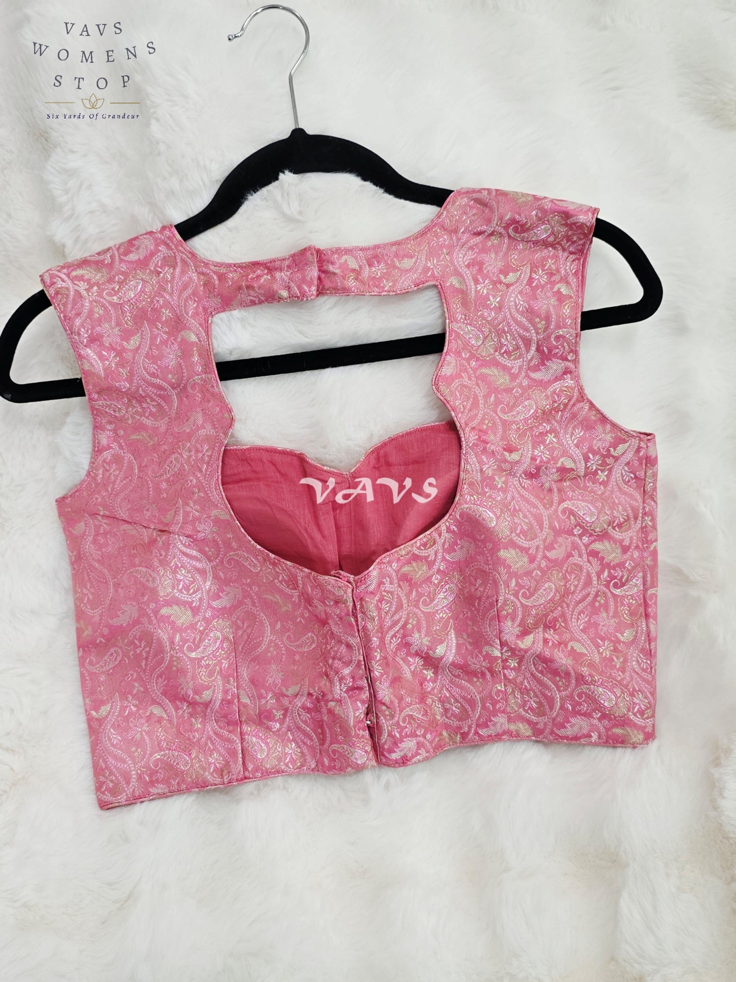 Royal Cherry Blossom Pink Benarasi Brocade Designer Blouse with Silver Paisley Weave