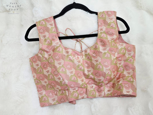 Royal Blush Petal Pink Benarasi Brocade Floral Designer Blouse