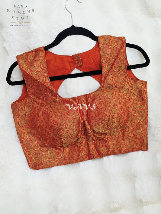 Royal Burnished Copper Rust Benarasi Brocade Designer Blouse with Antique Gold Paisley Weave