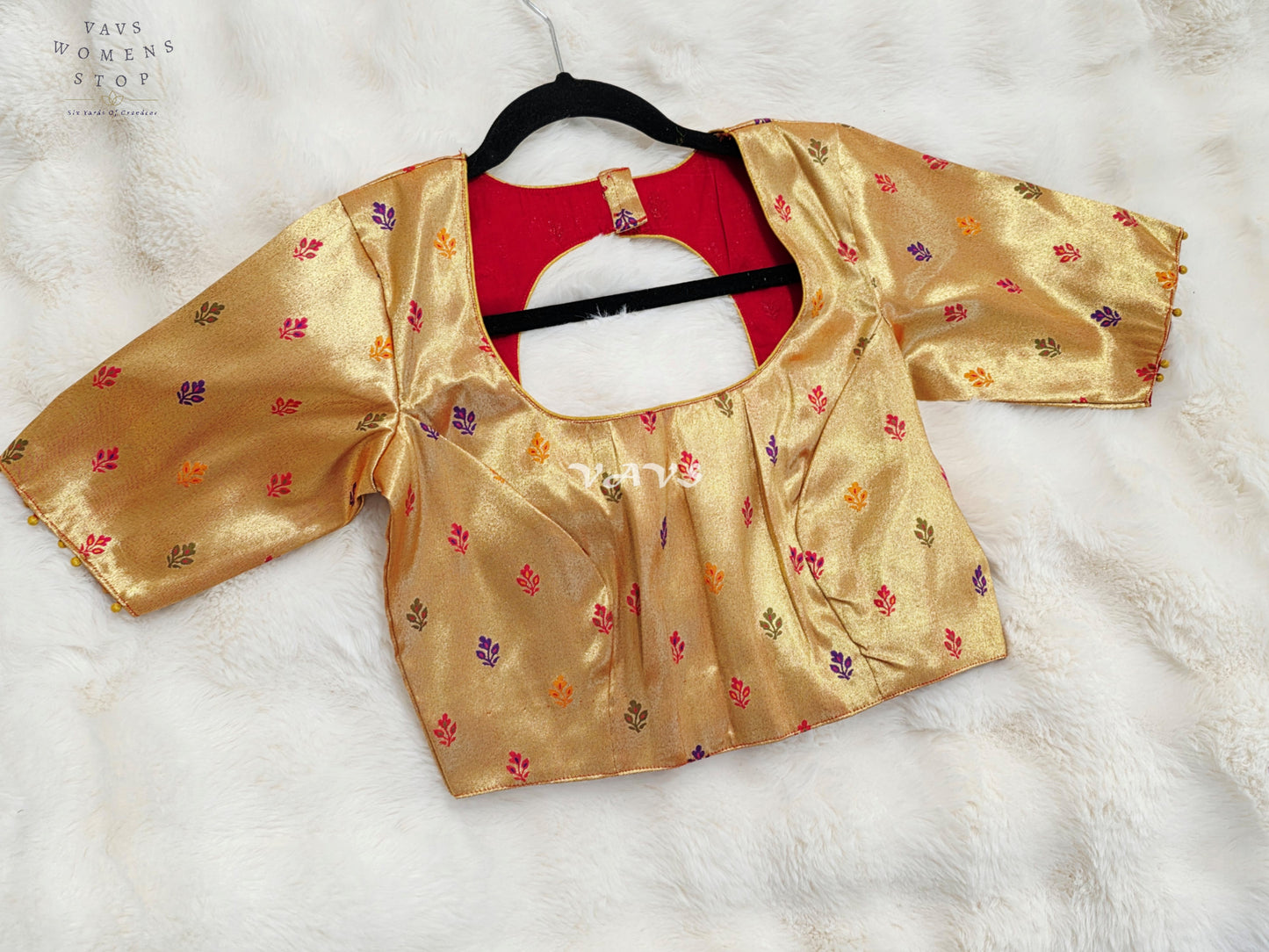 Royal Antique Gold Tissue Paithani Designer Blouse with Multicolor Buttas