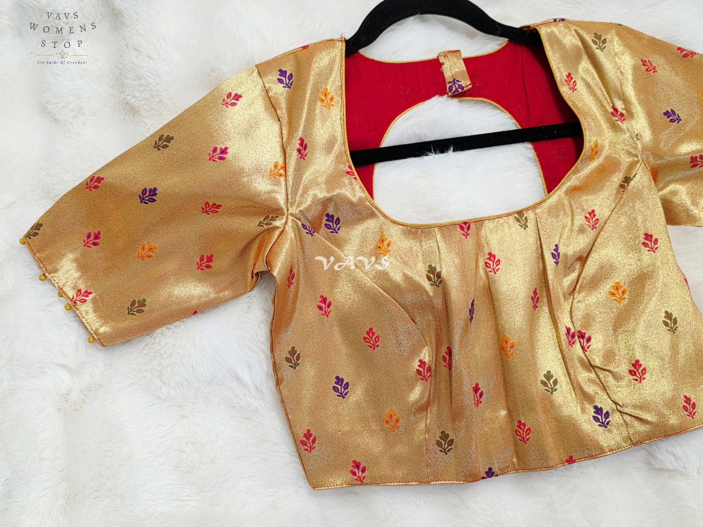 Royal Antique Gold Tissue Paithani Designer Blouse with Multicolor Buttas