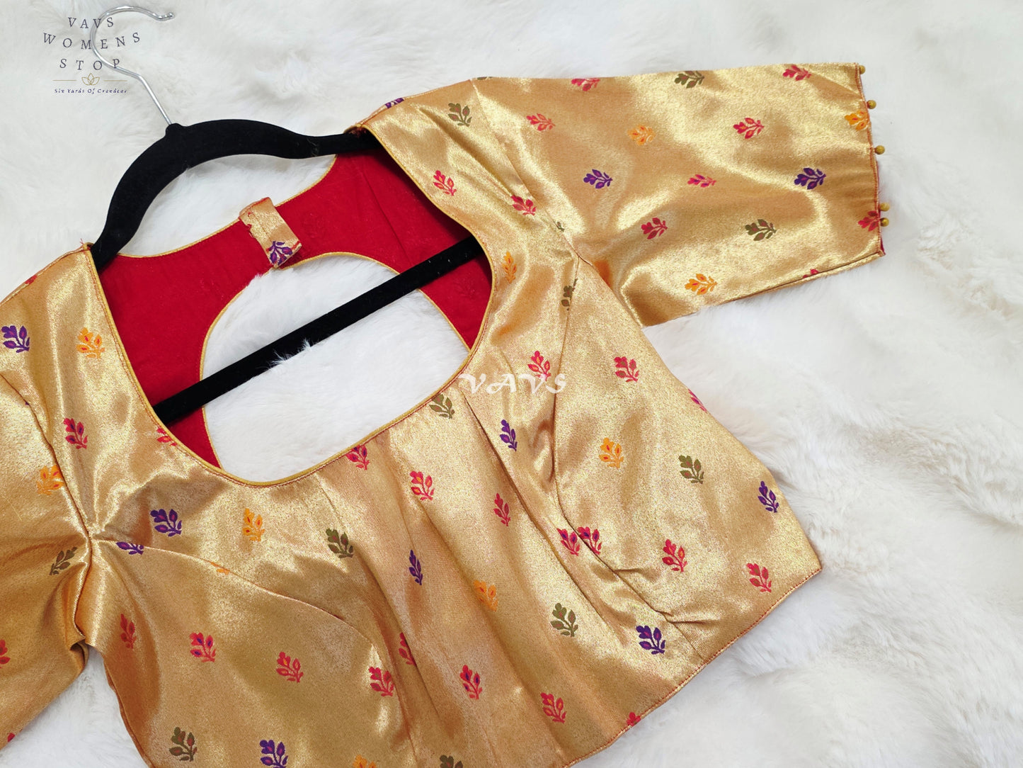 Royal Antique Gold Tissue Paithani Designer Blouse with Multicolor Buttas