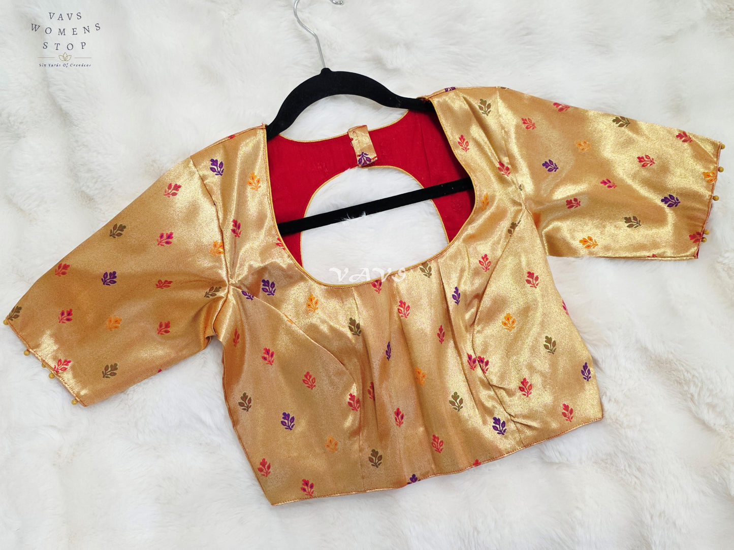 Royal Antique Gold Tissue Paithani Designer Blouse with Multicolor Buttas