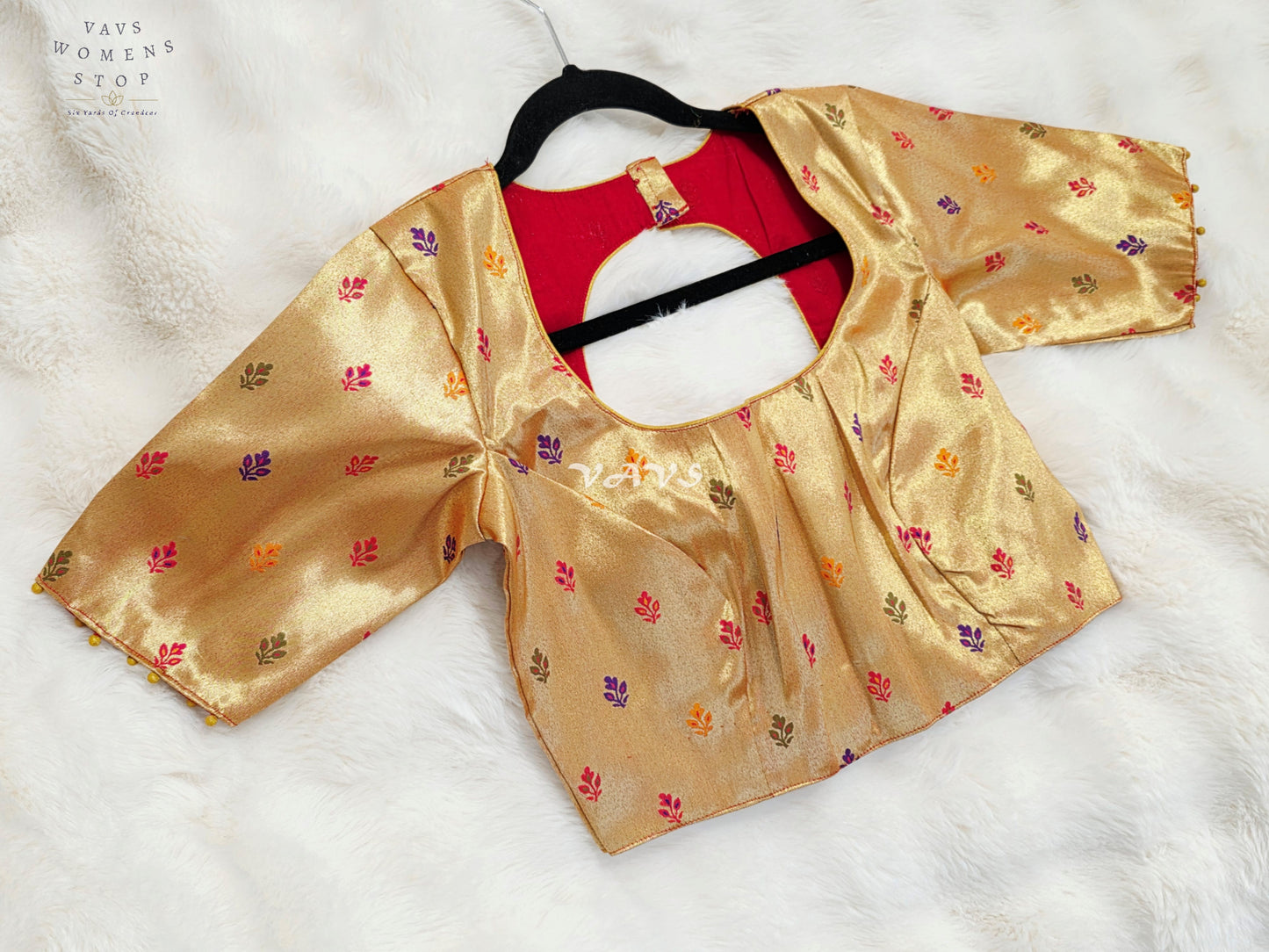 Royal Antique Gold Tissue Paithani Designer Blouse with Multicolor Buttas