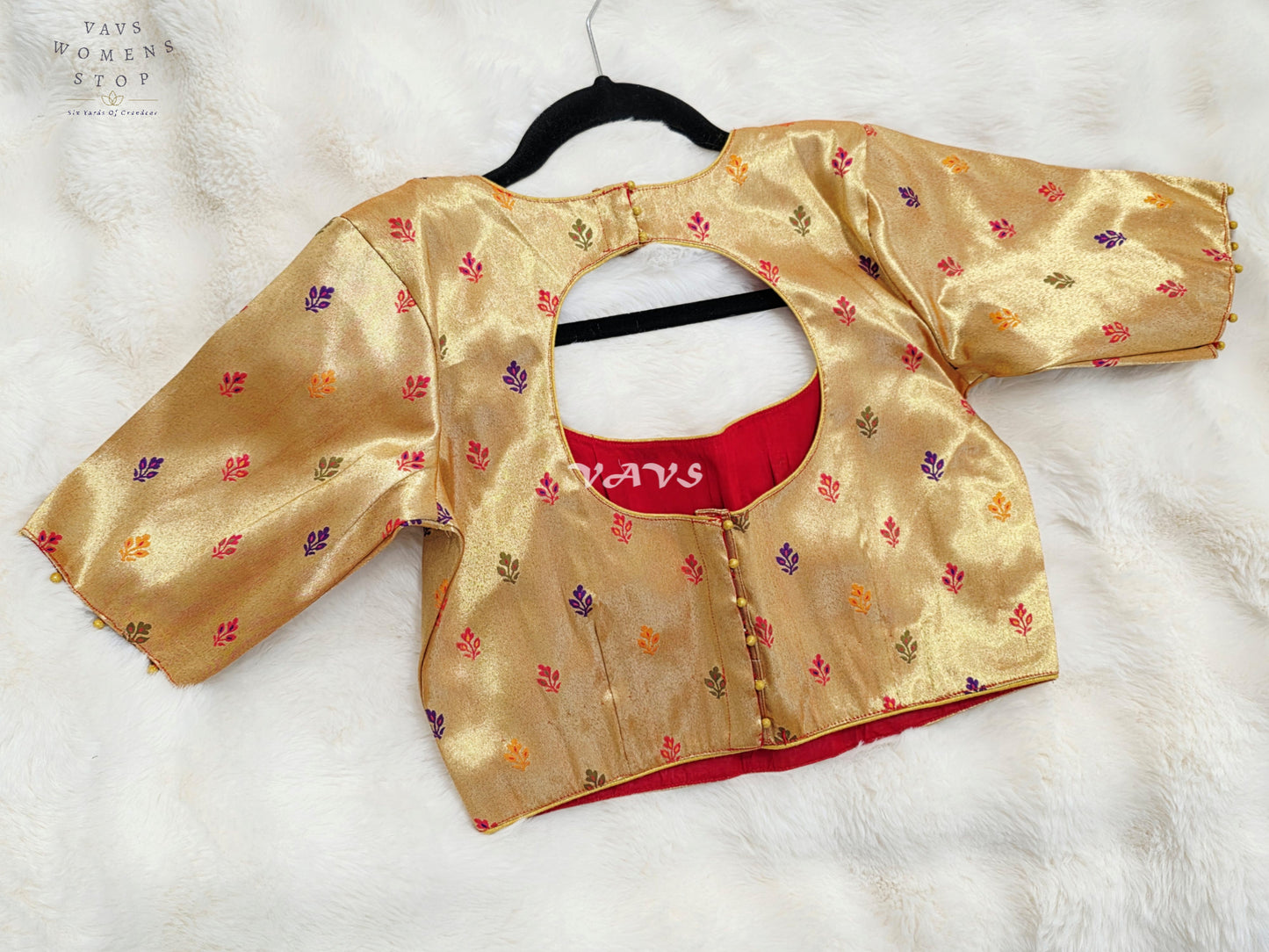 Royal Antique Gold Tissue Paithani Designer Blouse with Multicolor Buttas