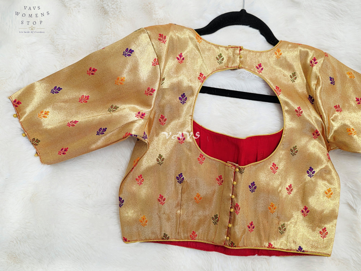 Royal Antique Gold Tissue Paithani Designer Blouse with Multicolor Buttas