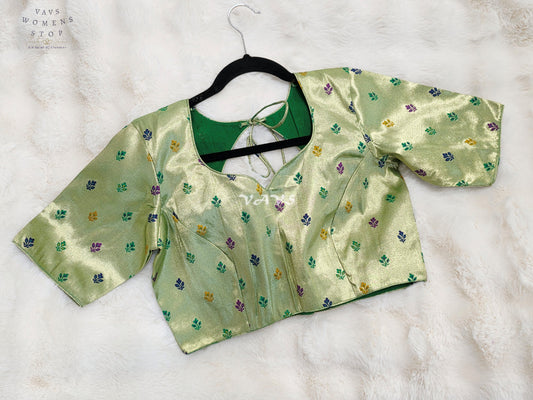 Royal Pistachio Mint Green Tissue Paithani Designer Blouse with Multicolor Buttas