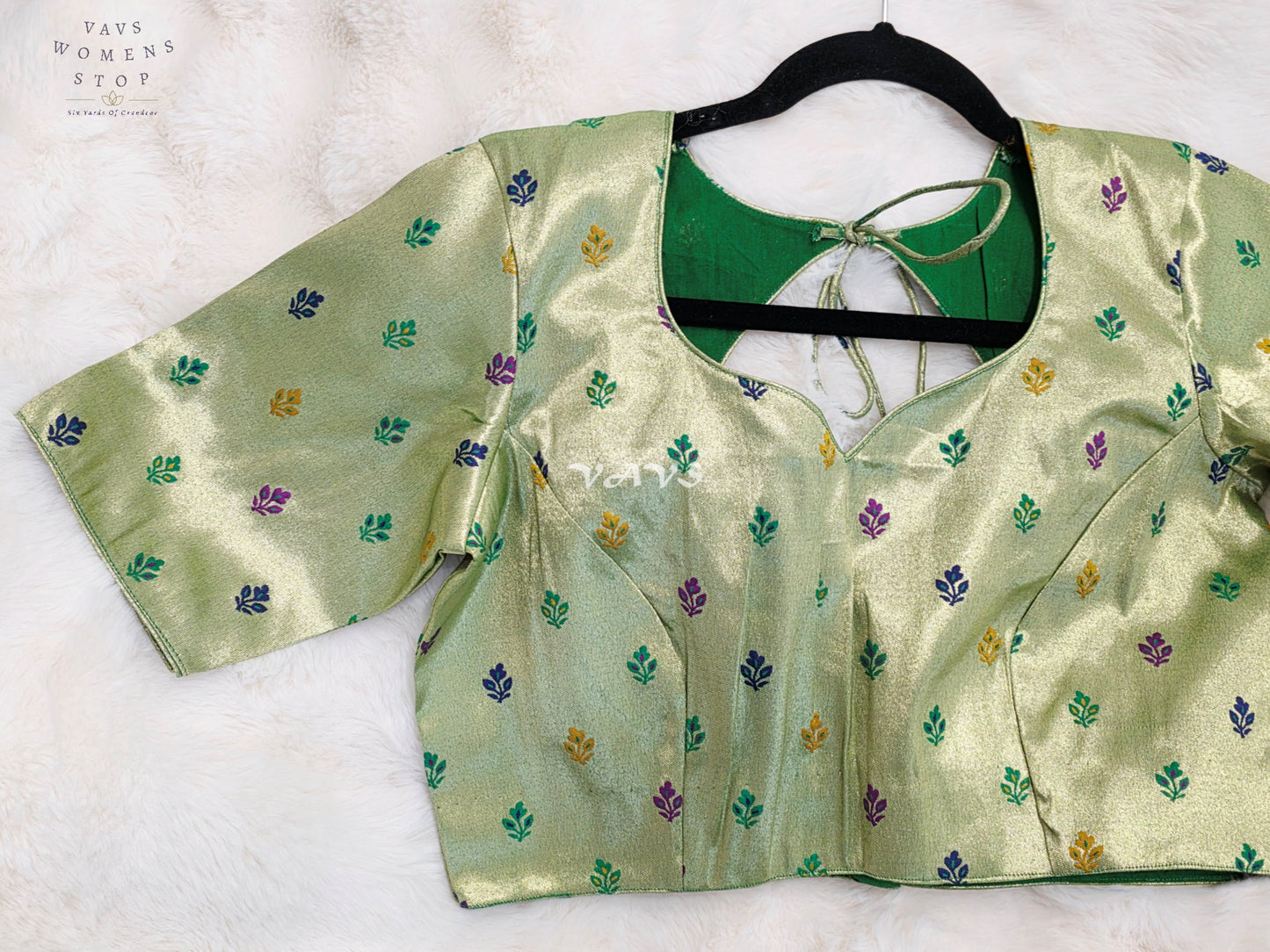 Royal Pistachio Mint Green Tissue Paithani Designer Blouse with Multicolor Buttas