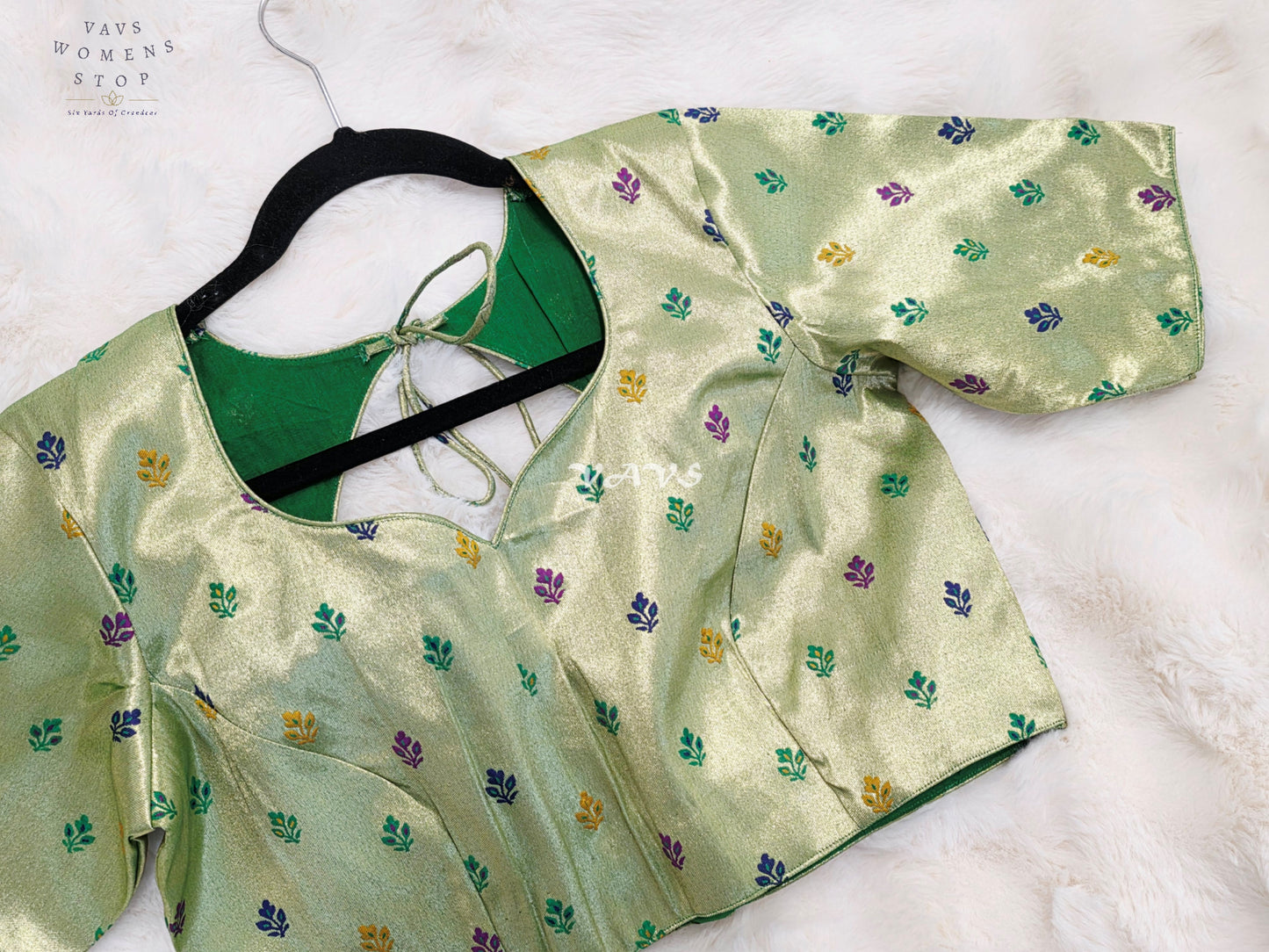 Royal Pistachio Mint Green Tissue Paithani Designer Blouse with Multicolor Buttas