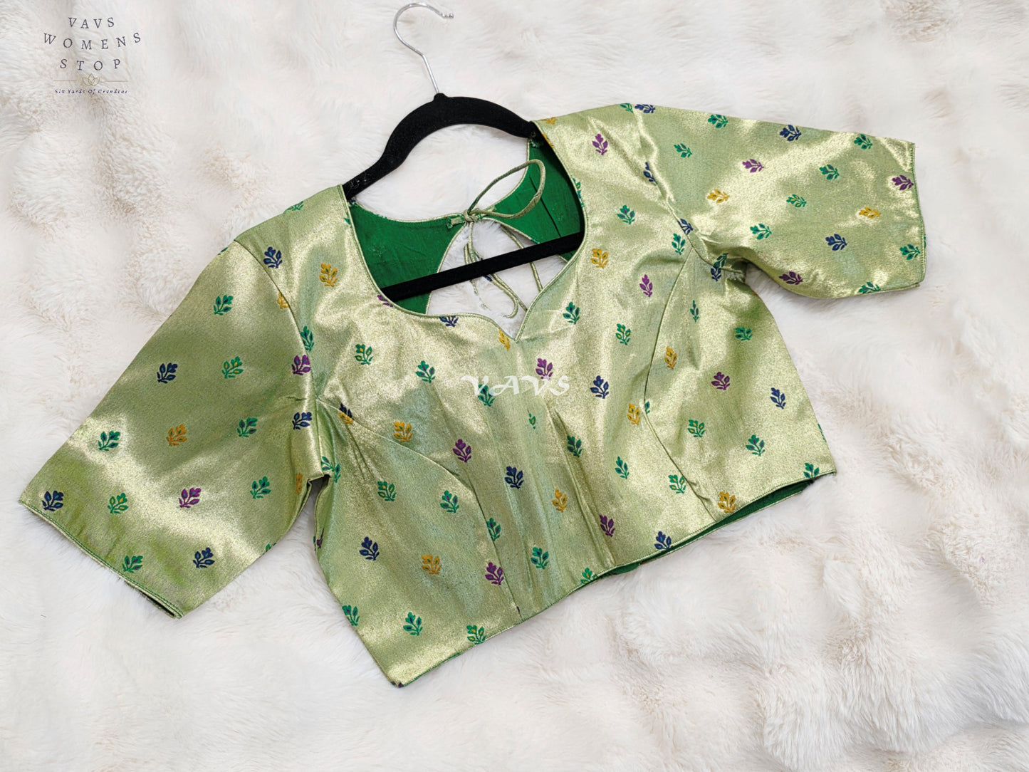 Royal Pistachio Mint Green Tissue Paithani Designer Blouse with Multicolor Buttas
