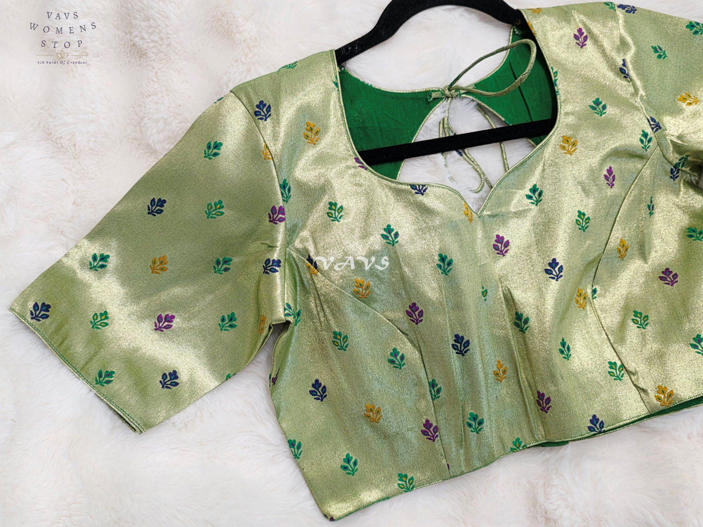 Royal Pistachio Mint Green Tissue Paithani Designer Blouse with Multicolor Buttas