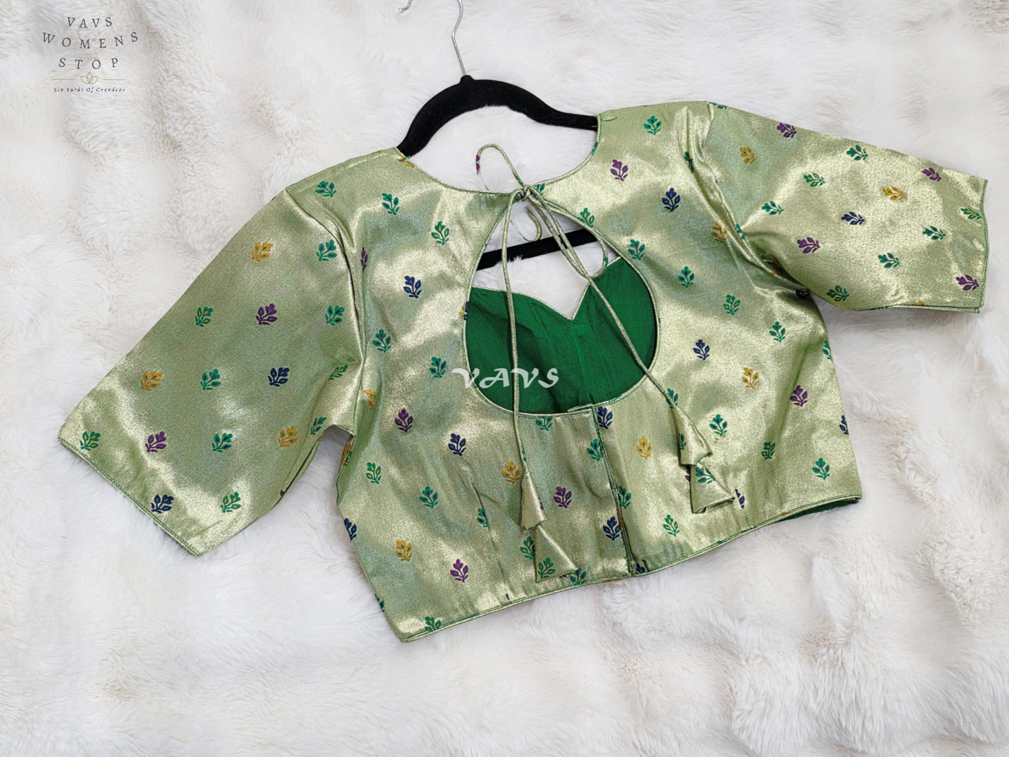Royal Pistachio Mint Green Tissue Paithani Designer Blouse with Multicolor Buttas