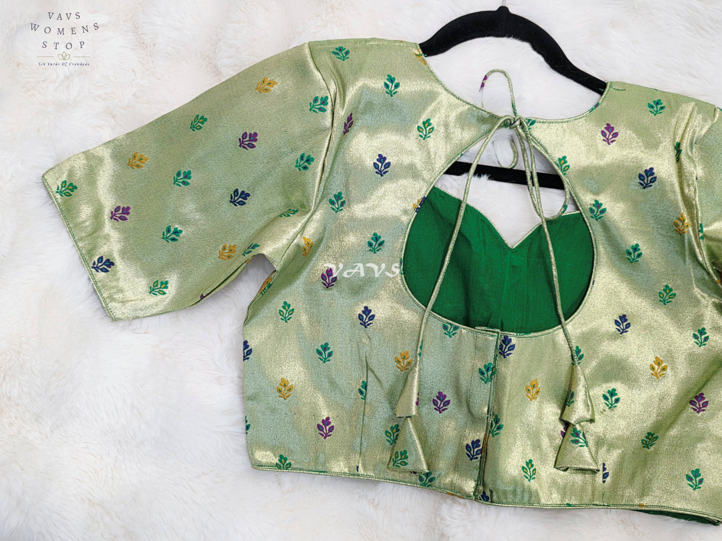 Royal Pistachio Mint Green Tissue Paithani Designer Blouse with Multicolor Buttas