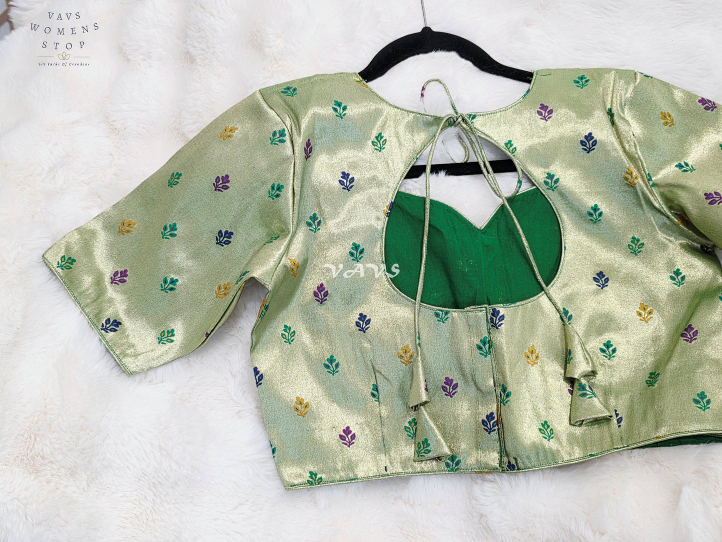 Royal Pistachio Mint Green Tissue Paithani Designer Blouse with Multicolor Buttas