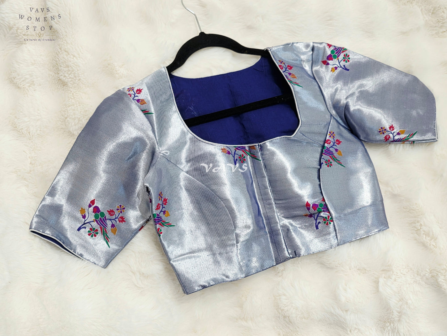 Royal Moonstone Silver Tissue Paithani Designer Blouse with Multicolor Bird Motifs