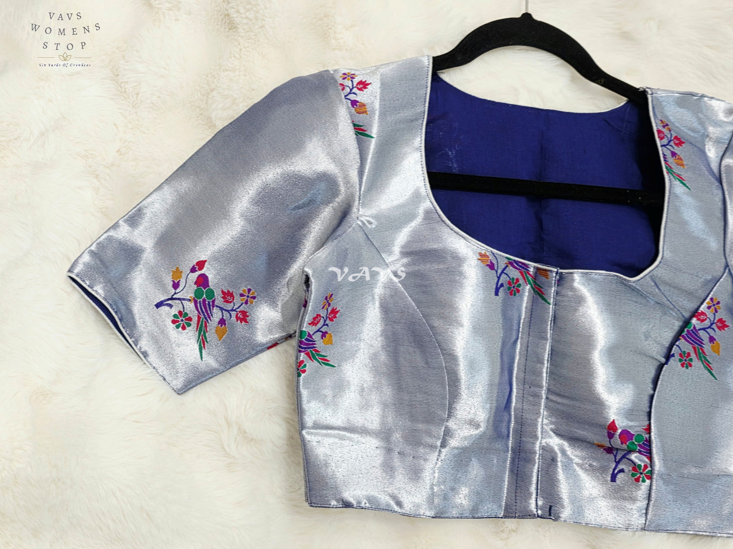 Royal Moonstone Silver Tissue Paithani Designer Blouse with Multicolor Bird Motifs