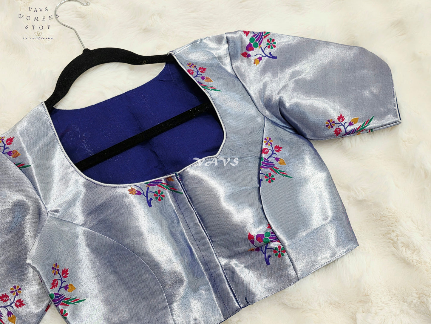 Royal Moonstone Silver Tissue Paithani Designer Blouse with Multicolor Bird Motifs