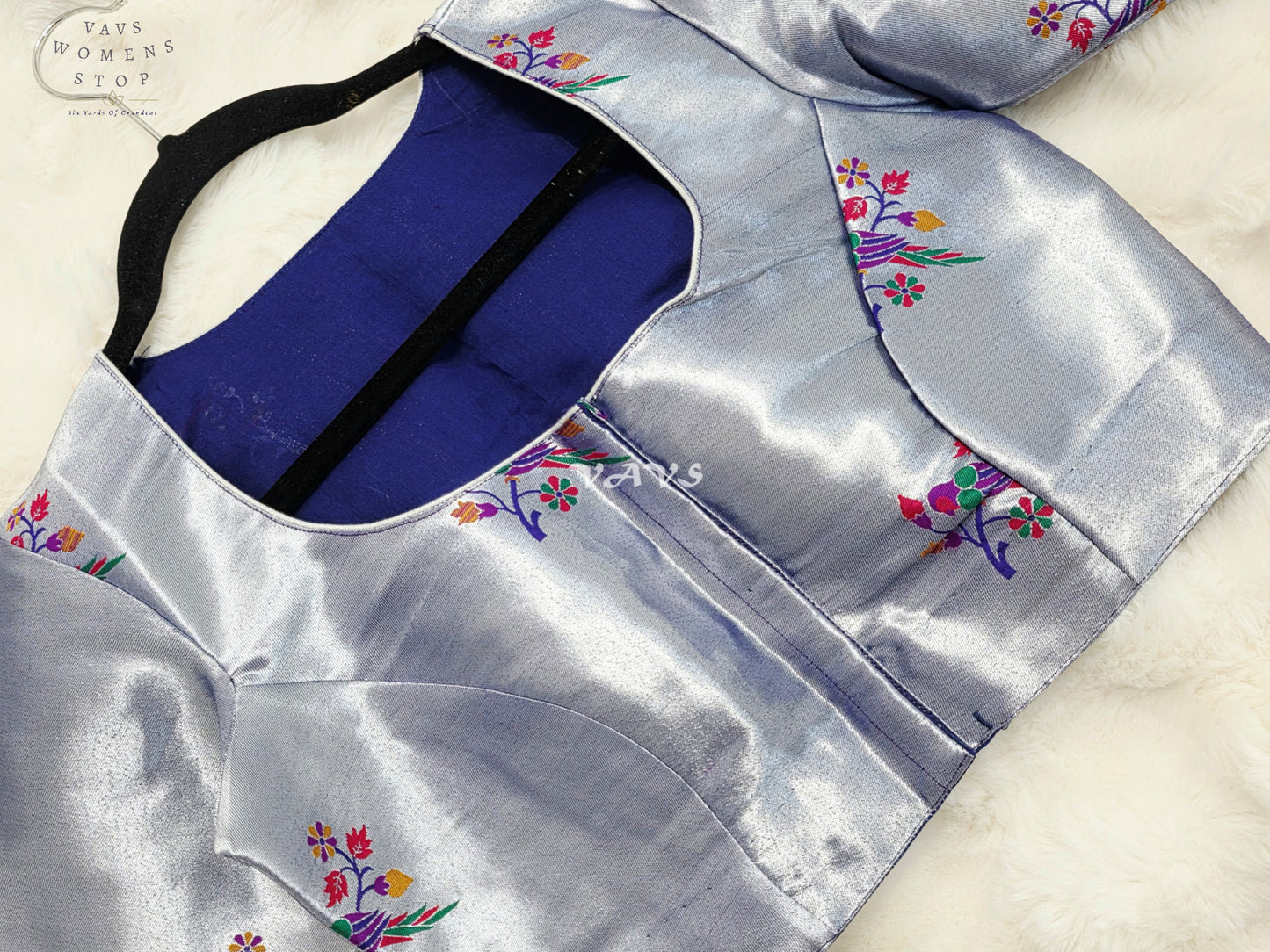 Royal Moonstone Silver Tissue Paithani Designer Blouse with Multicolor Bird Motifs