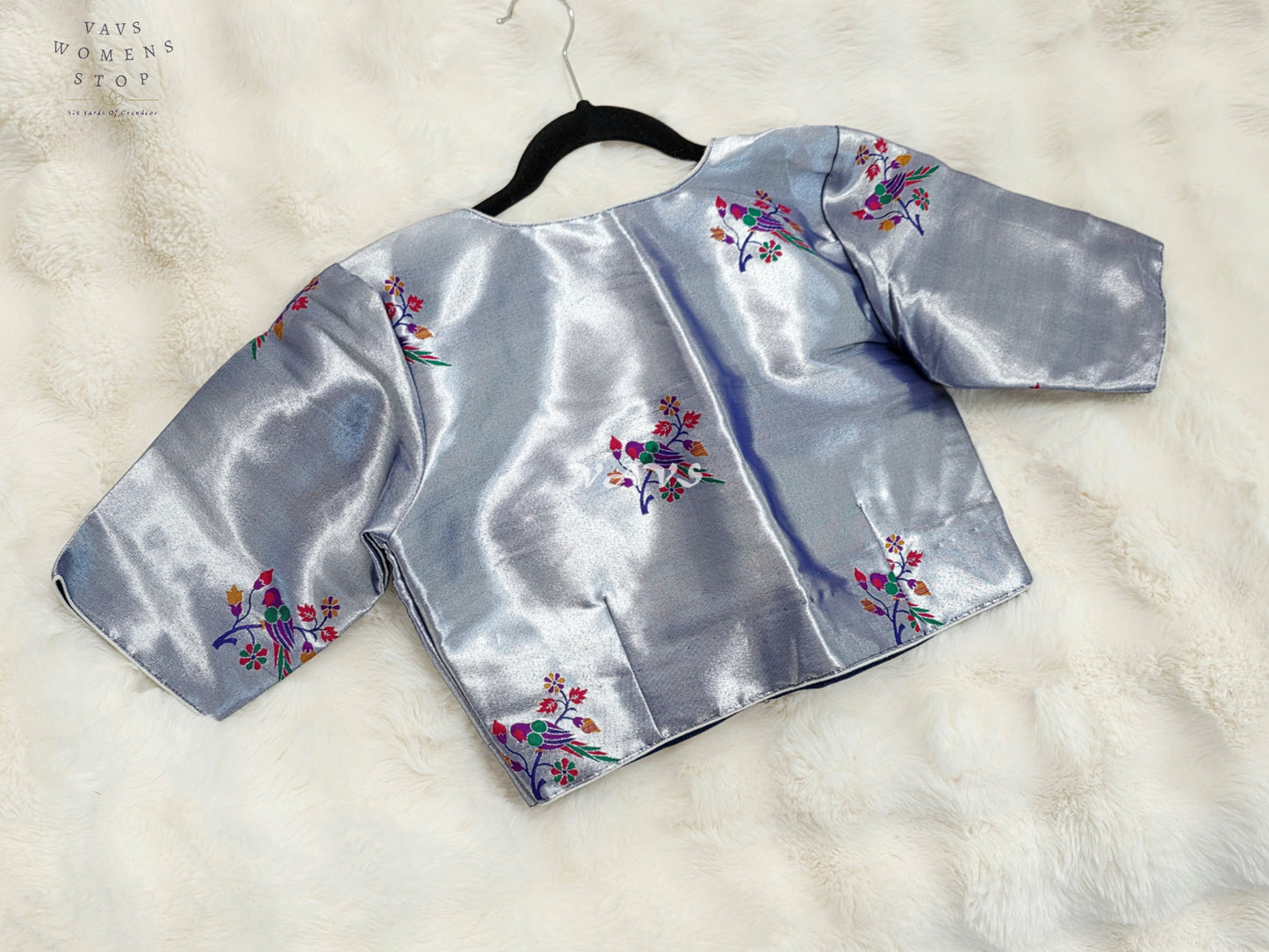Royal Moonstone Silver Tissue Paithani Designer Blouse with Multicolor Bird Motifs