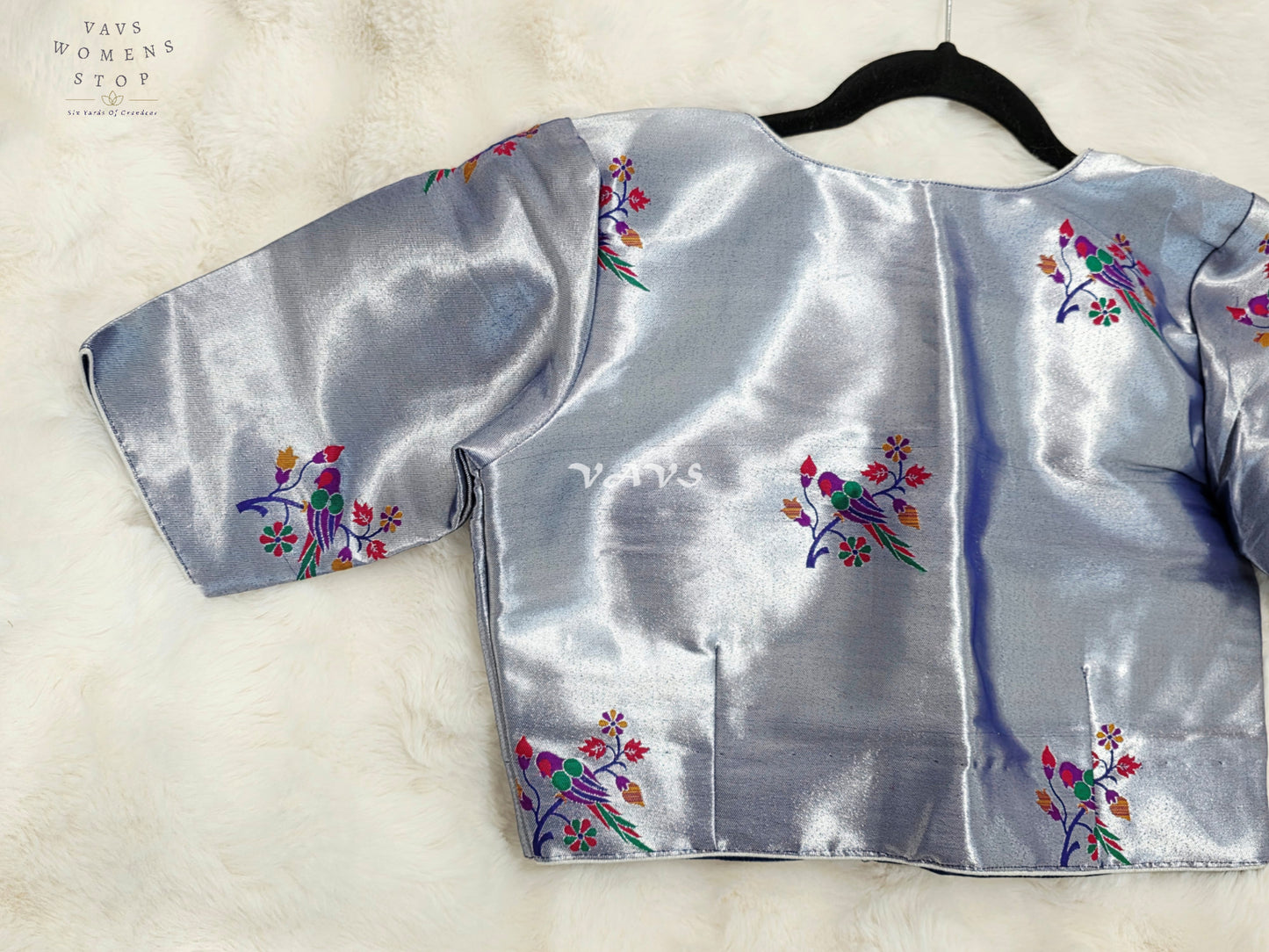 Royal Moonstone Silver Tissue Paithani Designer Blouse with Multicolor Bird Motifs