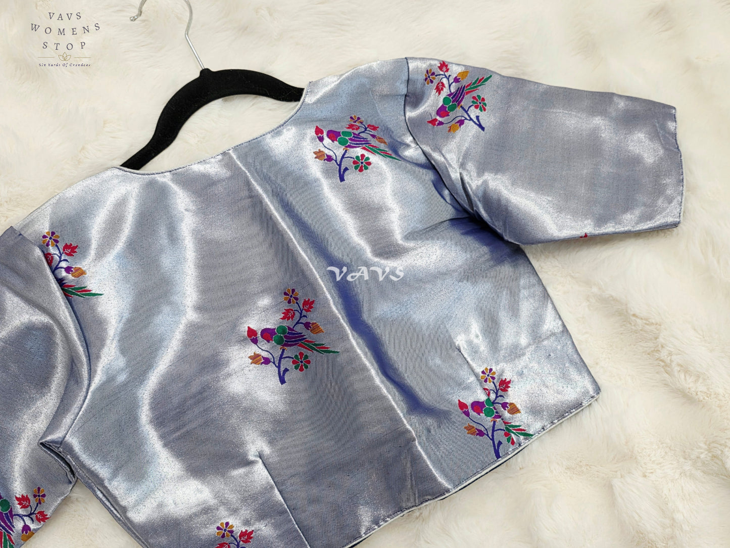 Royal Moonstone Silver Tissue Paithani Designer Blouse with Multicolor Bird Motifs