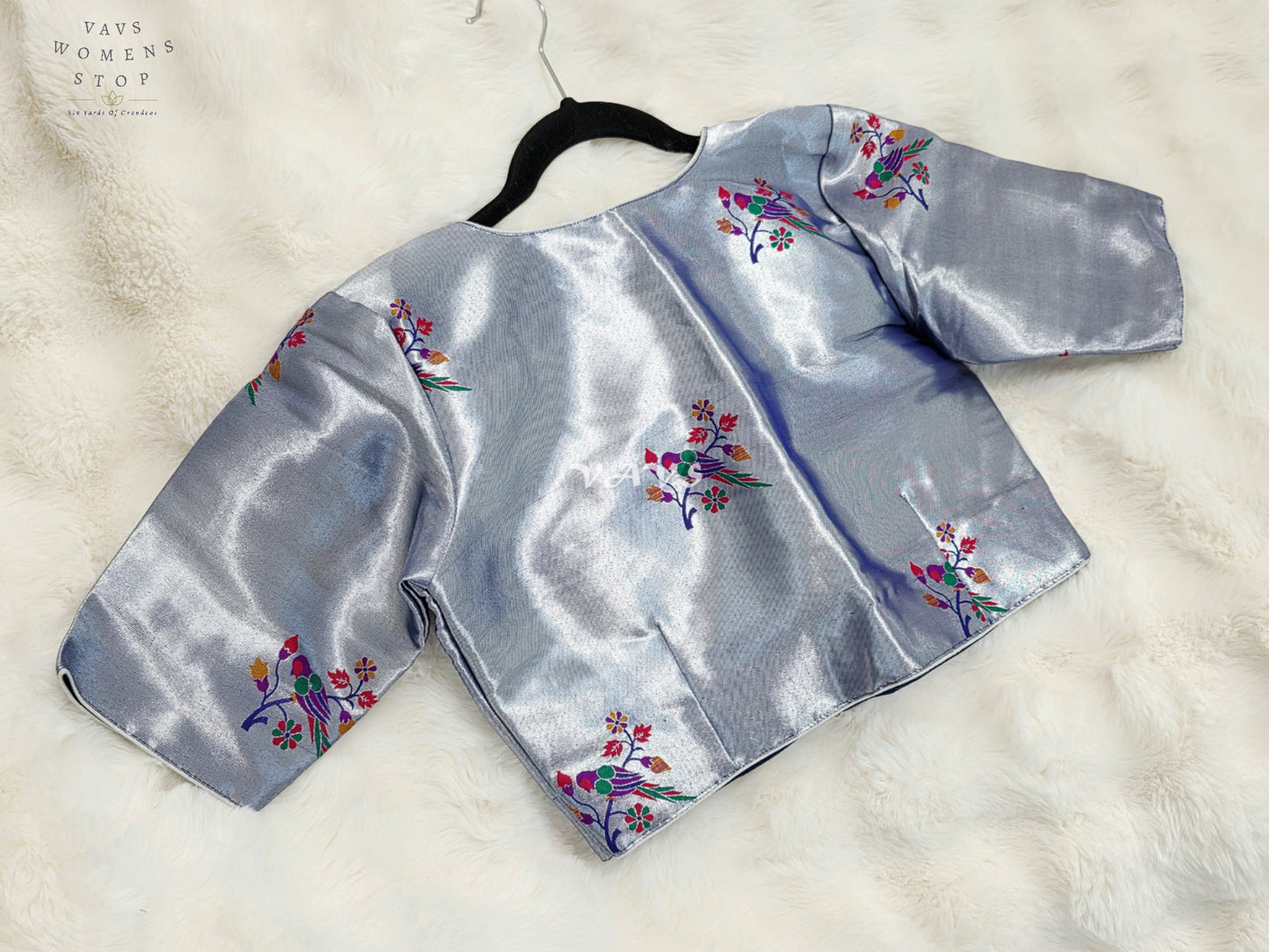 Royal Moonstone Silver Tissue Paithani Designer Blouse with Multicolor Bird Motifs
