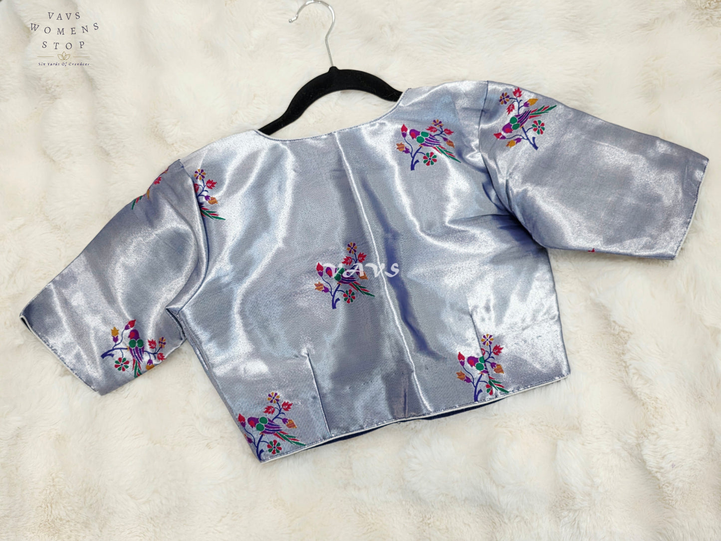Royal Moonstone Silver Tissue Paithani Designer Blouse with Multicolor Bird Motifs