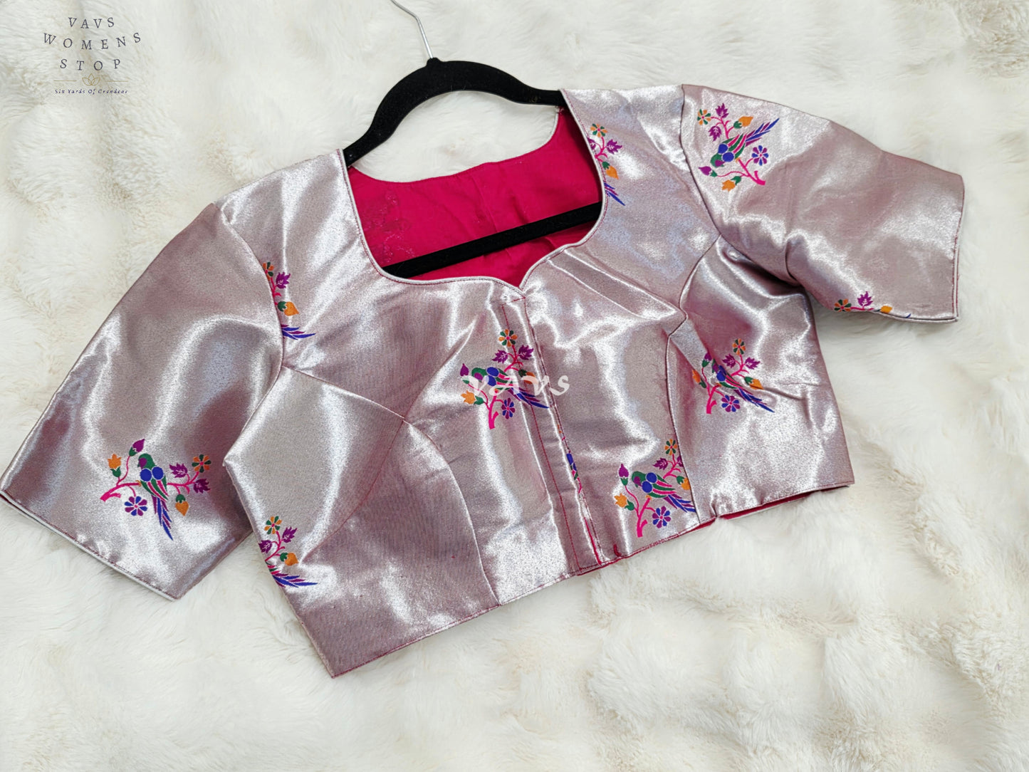 Royal Rose Quartz Pink Tissue Paithani Designer Blouse with Multicolor Bird Motifs